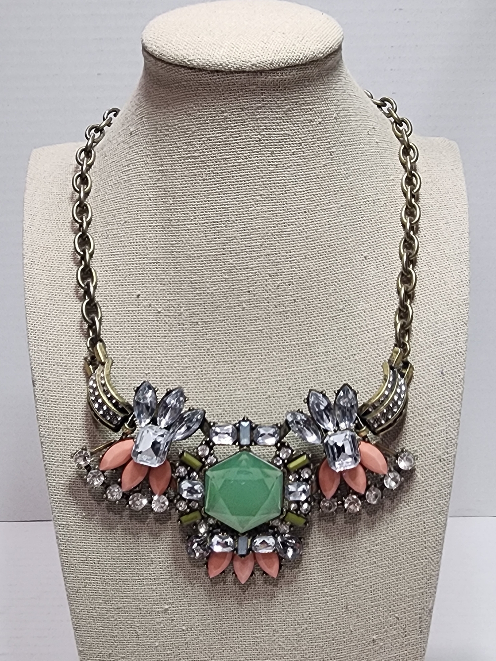 Mint Green Statement Crystal Bib Necklace with Coral Accents - Women Jewelry